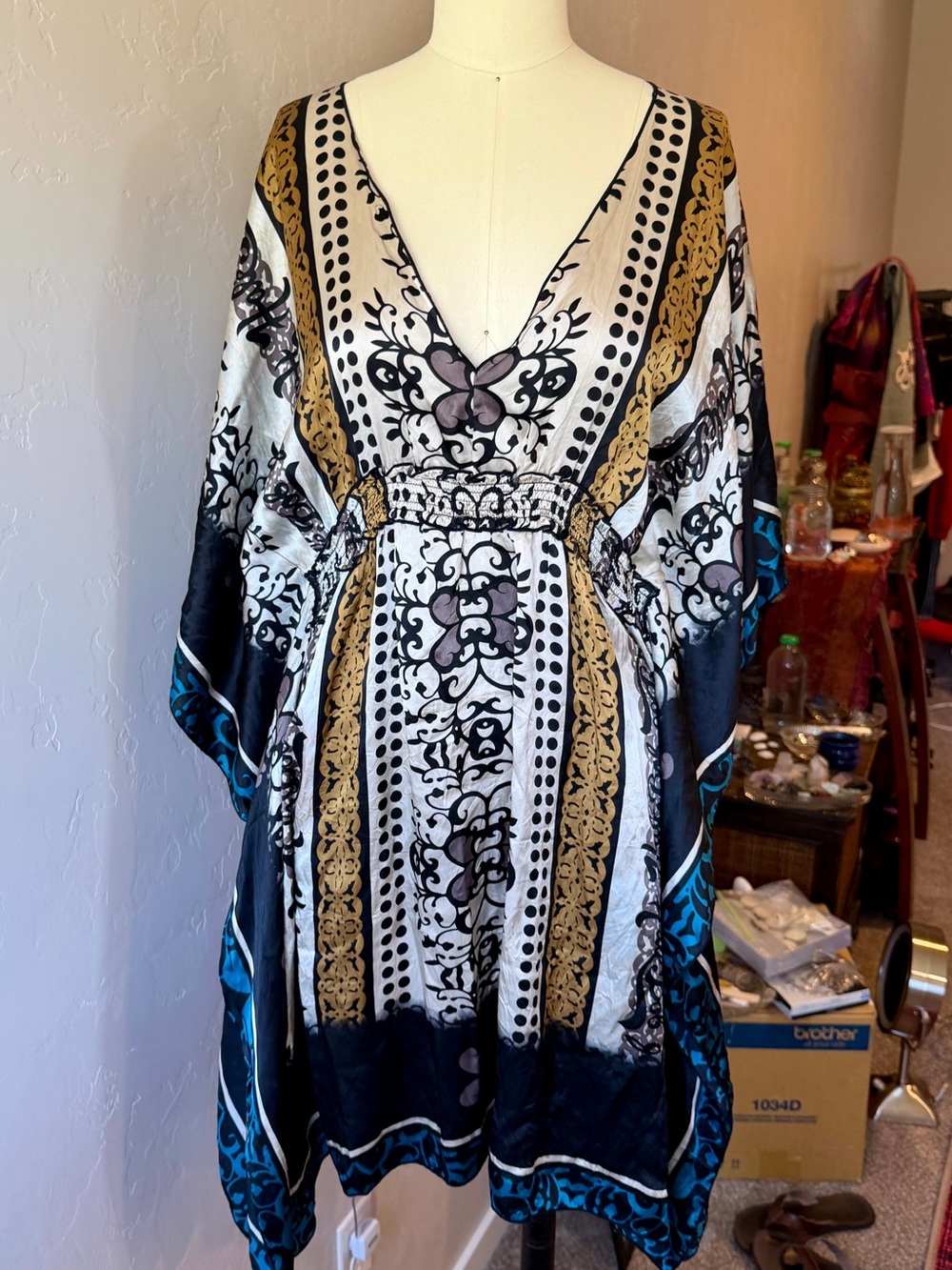 Hale Bob Silk Black White Gold & Teal V-Neck Printed Mini Kaftan Dress